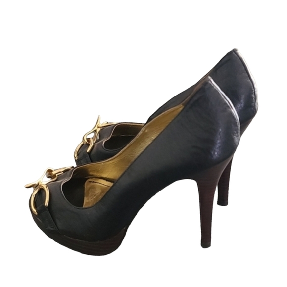 BOSTON PROPER Horsebit Peeptoe Platform Stilettos 8 Heels Leather Gold Buckles - Picture 6 of 15